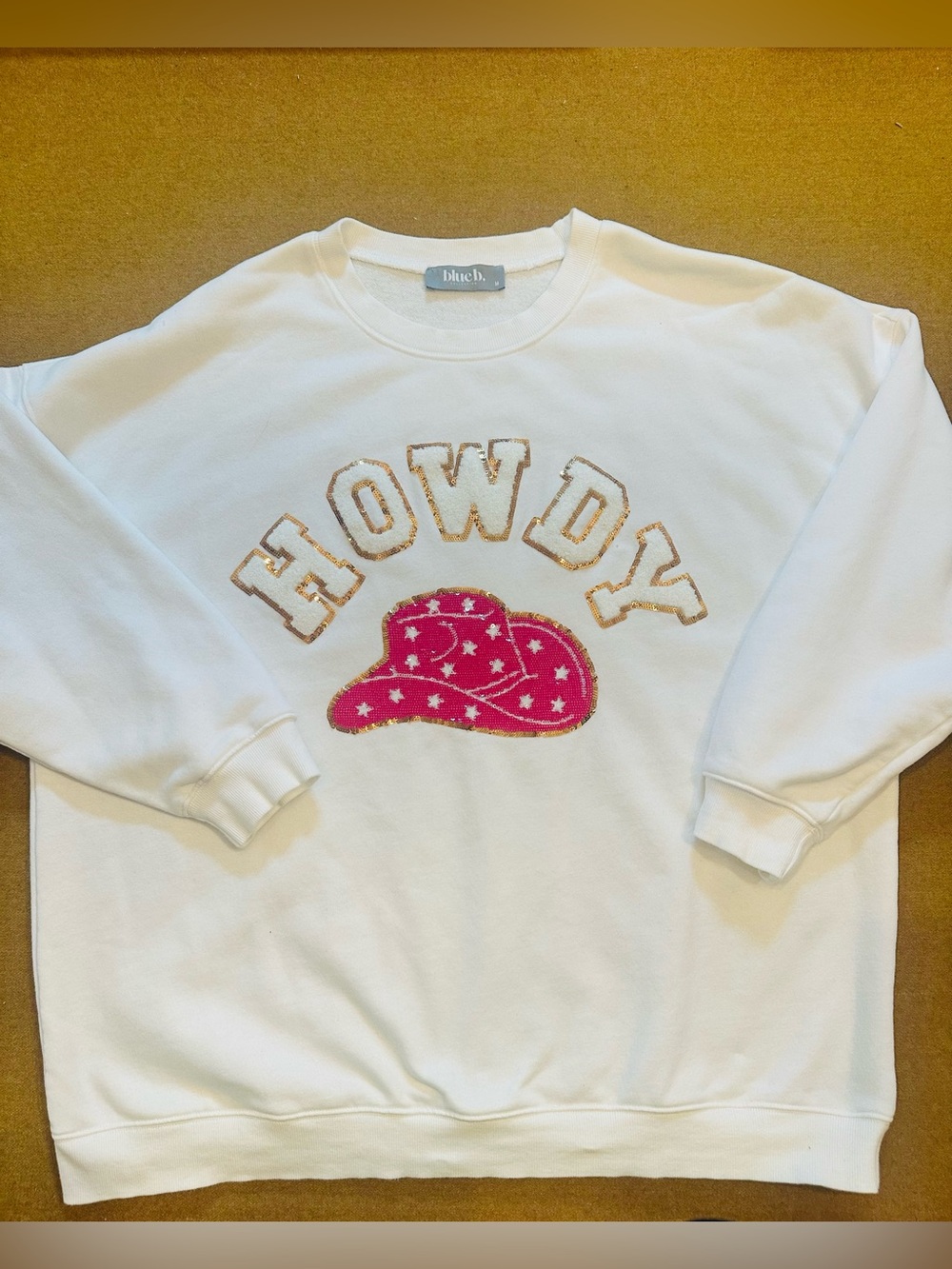 Blue B White Sweatshirt with Pink Cowboy Hat "Howdy" Graphic
